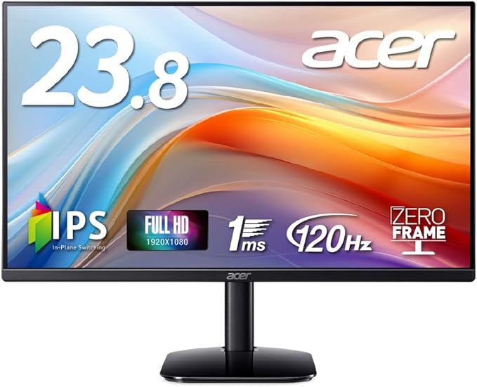 Acer モニター 23.8インチ フルHD 非光沢 IPS 120Hz 1ms(VRB) sRGB 99% AdaptiveSync HDMI 1.4 ミニD-Sub 15ピン スピーカー・ヘッドフォン端子搭載 VESAマウント対応 ゼロフレームデザイン KA242YG0bmix